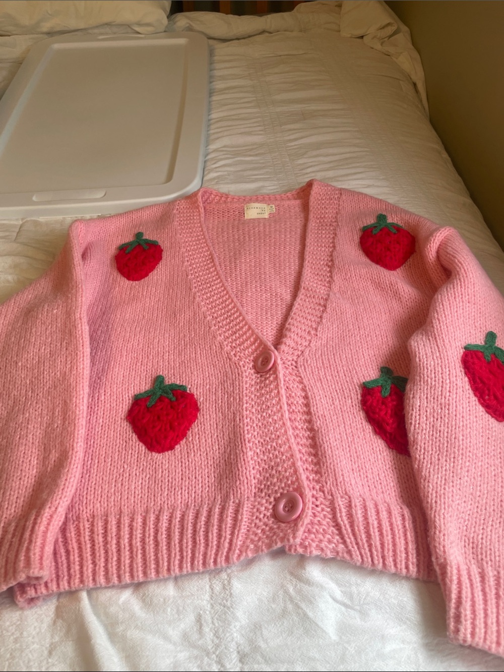 Dreamers Pink Cropped Cardigan with Strawberry Motifs